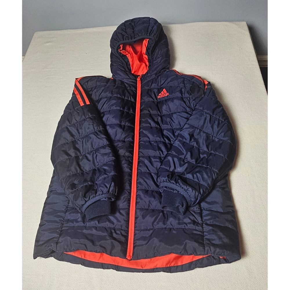 Adidas Boys Navy Blue Orange Hooded Puffer Jacket Insulated Coat Size M 10/12